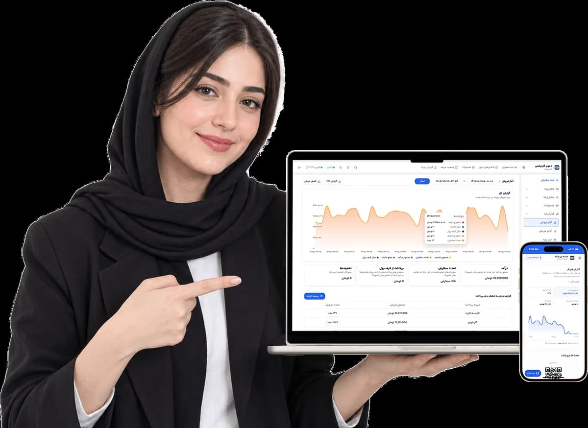 نمایش نرمافزار گارنیکس روی لپتاپ و اپلیکیشن موبایل مدیر