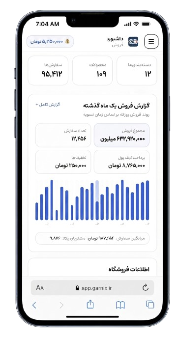 گزارش فروش و مالی در اپلیکیشن موبایل گارنیکس